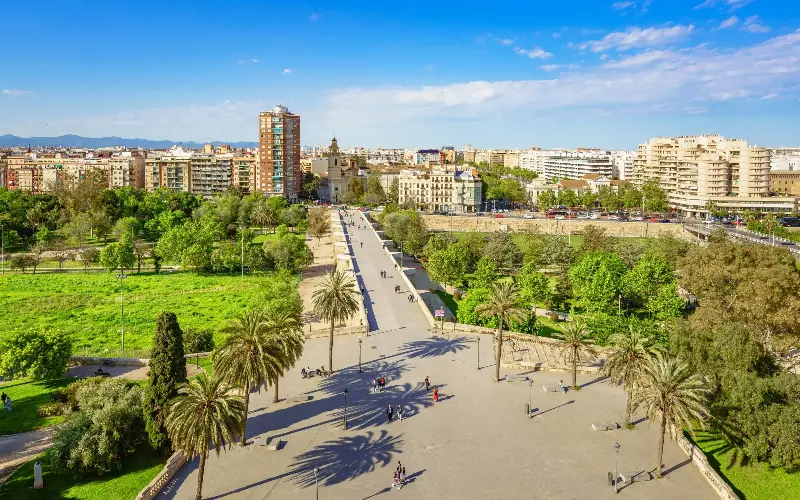 High angle view of Turia River gardens and Serranos Bridge on a Sunny day