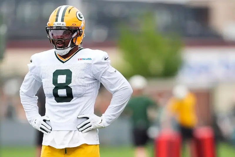 ASHWAUBENON, WISCONSIN - JULY 31: Josh Jacobs #8 of the Green Bay Packers looks on during the Green Bay Packers training camp at Ray Nitschke Field on July 31, 2026 in Ashwaubenon, Wisconsin. (Photo by Patrick McDermott/Getty Images)