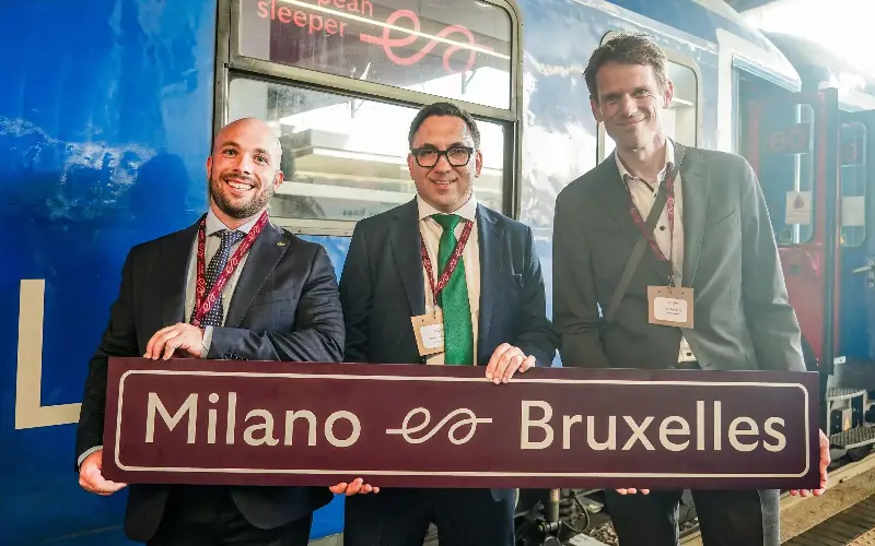 From left to right: Matteo Arena, CEO of Arenaways; Elmer van Buuren and Chris Engelsman, founders of European Sleeper at the inauguration of the new service - Alamy