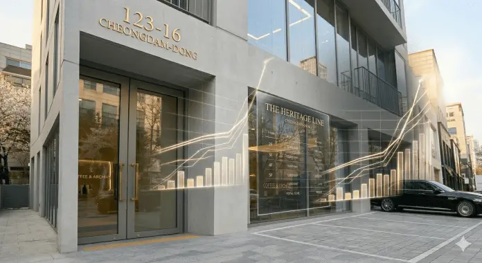 Exterior view of a contemporary building at 123-16 Cheongdam-Dong, featuring large glass windows and a stylized representation of data trends overlaying the entrance.