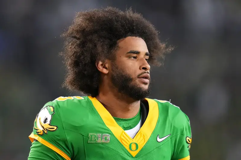Dante Moore #5 of the Oregon Ducks looks on before the game against the Portland State Vikings at Autzen Stadium on September 18, 2026 in Eugene, Oregon. (Photo by Soobum Im/Getty Images)