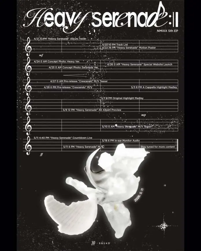 Promotional schedule for NMIXX's 5th EP 'Heavy Serenade' featuring important dates and visual elements, including a white shell design and musical notes.