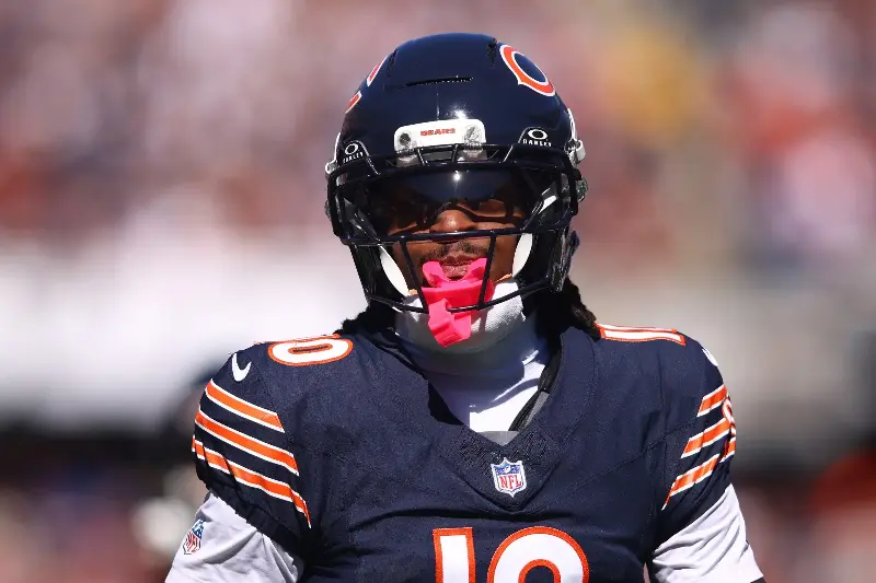 Luther Burden III #10 of the Chicago Bears looks on during the first quarter of the game against the New York Jets at Soldier Field on October 04, 2026, in Chicago, Illinois. (Photo by Jessie Alcheh/Getty Images)