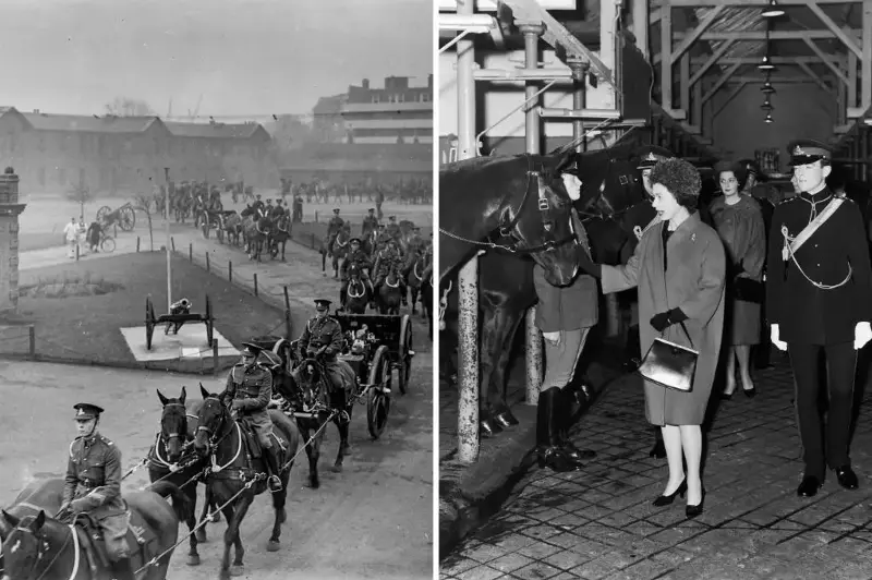 Left, a procession by The King’s Troop. Right, Queen Elizabeth II visiting the St. John’s Wood barracks.