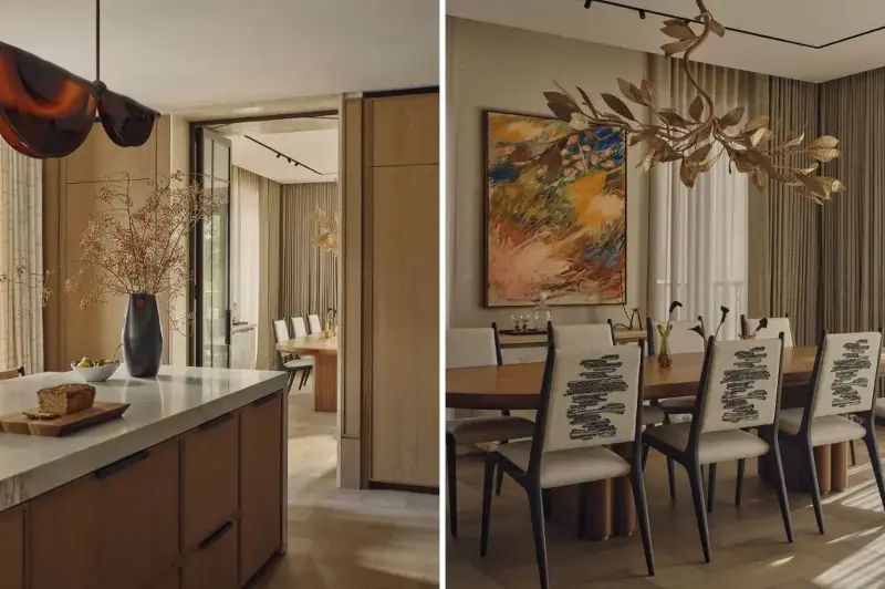 Images of a dining and kitchen area in a showroom apartment of St. John’s Wood Square, designed by Portia Fox.