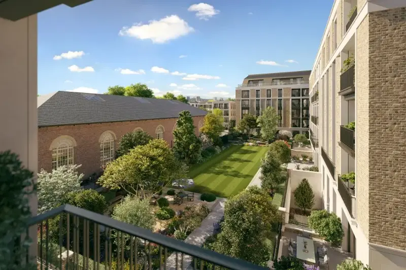 A rendering of a terrace view from an apartment at St. John’s Wood Square.
