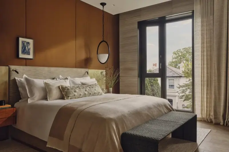 A view of a bedroom in a show apartment of St. John’s Wood Square, designed by Portia Fox.