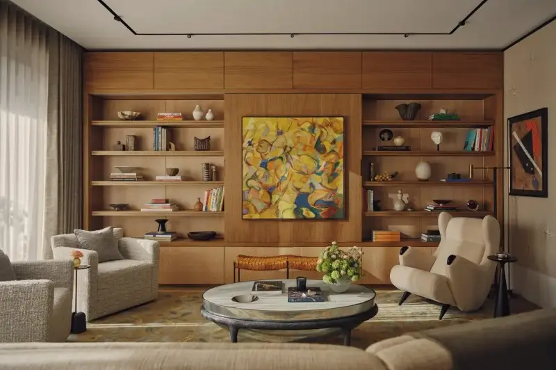 A view of a living room area in a show apartment of St. John’s Wood Square, designed by Portia Fox.