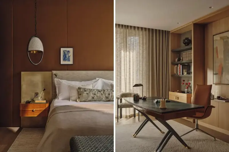 Images of a bedroom and office room in a showroom apartment of St. John’s Wood Square, designed by Portia Fox.