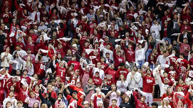 Fans celebrate at Simon Skjodt Assembly Hall in Bloomington, Ind.