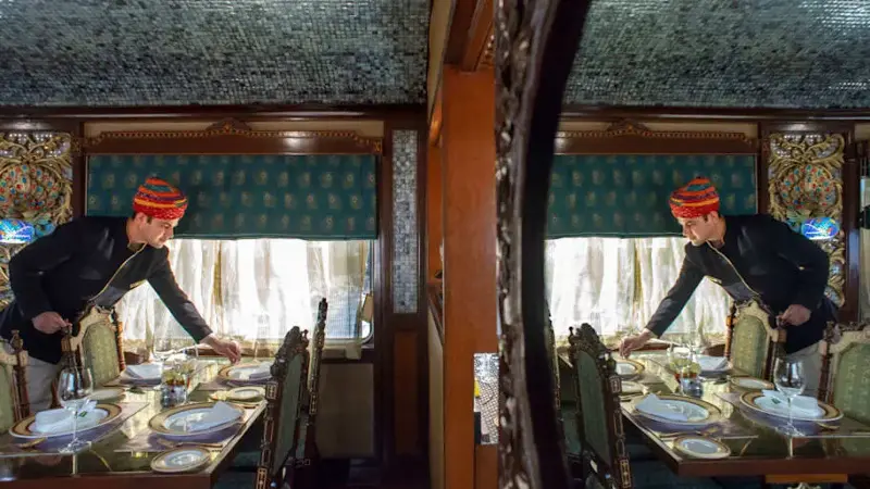 Inside one of the dining cars of the Luxury train Maharajas express train.&nbsp;