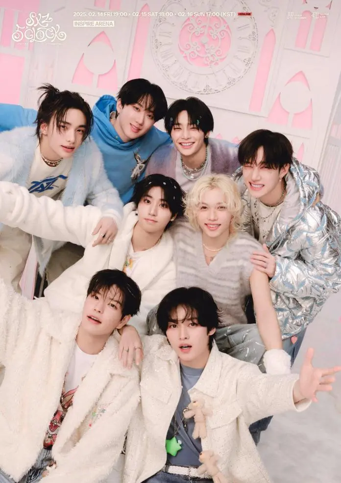 Stray Kids members posing cheerfully in a brightly colored setting, featuring playful fashion styles and various expressions.