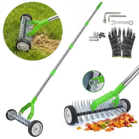 Thatch Rake With Wheels,37-65.35'' Adjustable Dethatching Roller Rake,adjustable 0-12° Angle Stainless Steel Blades Heavy Duty Dethatcher,21 Tines Garden Rake for Moss,grass,leaves,debris(green)