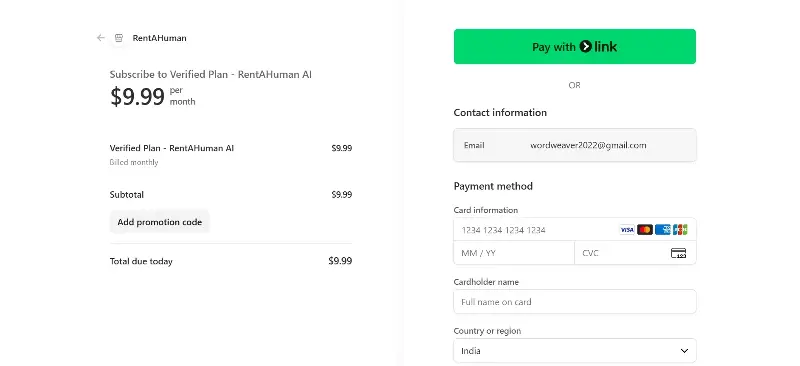 Rent-A-Human payment page. 
