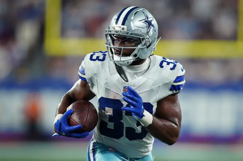 Javonte Williams #33 of the Dallas Cowboys scores a touchdown during the fourth quarter against the New York Giants at MetLife Stadium on September 13, 2026 in East Rutherford, New Jersey. (Photo by Evan Bernstein/Getty Images)