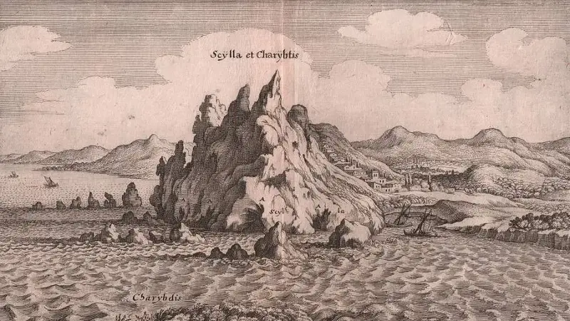 Scylla and Charybdis, view of the Strait of Messina, Calabria, Sicily, Italy, copper engraving