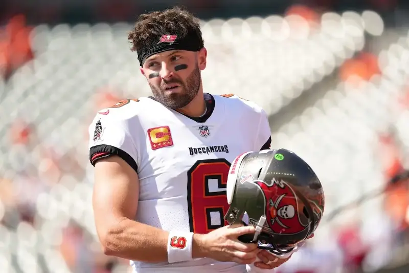 Baker Mayfield #6 of the Tampa Bay Buccaneers looks on during warm ups prior to the game at Paycor Stadium on September 13, 2026, in Cincinnati, Ohio. (Photo by Jeff Dean/Getty Images)