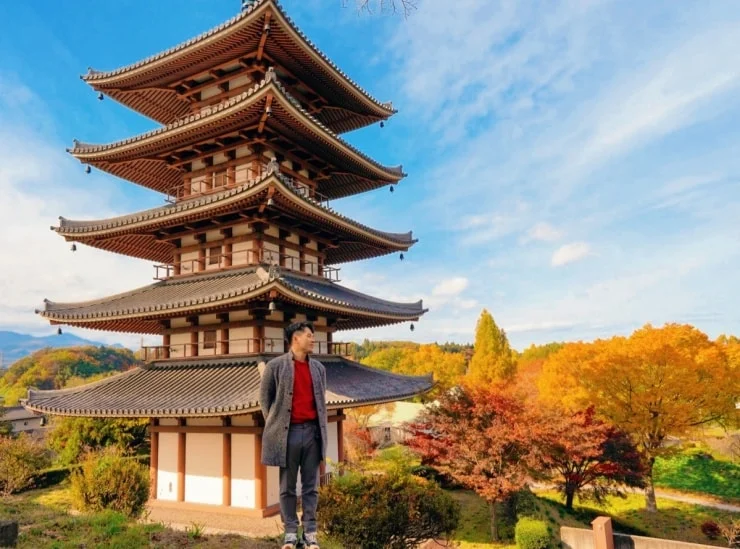 The unique five-story temple architecture at Adachigahara Furusato