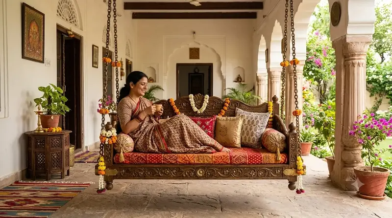A traditional Indian swing that adds warmth, nostalgia and a relaxed charm to the living room.