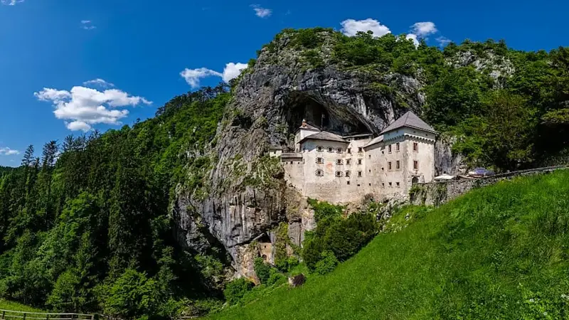 Wide view of Predjama Castle built into a cliffside cave