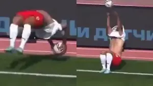 Football's wildest throw-in? Defender somersaults over ball before launching spectacular assist from the touchline