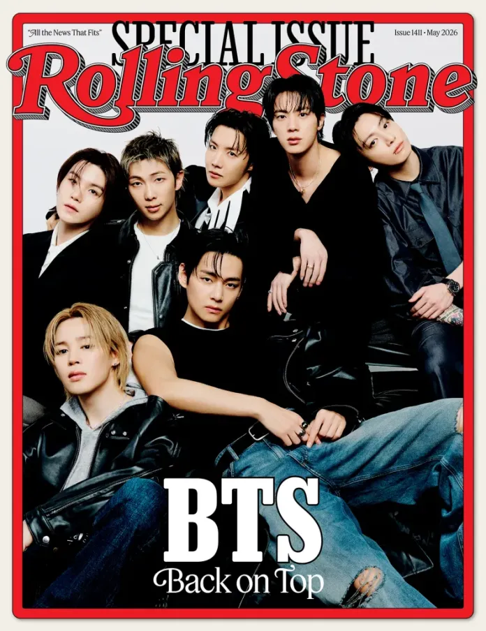 Magazine cover featuring the South Korean band BTS, titled 'Back on Top', with eight members posing together in stylish outfits.