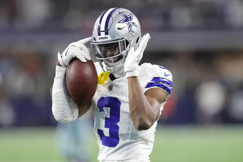 George Pickens #3 of the Dallas Cowboys reacts to a first down during a game against the Philadelphia Eagles at AT&T Stadium on November 23, 2025 in Arlington, Texas. (Photo by Stacy Revere/Getty Images)