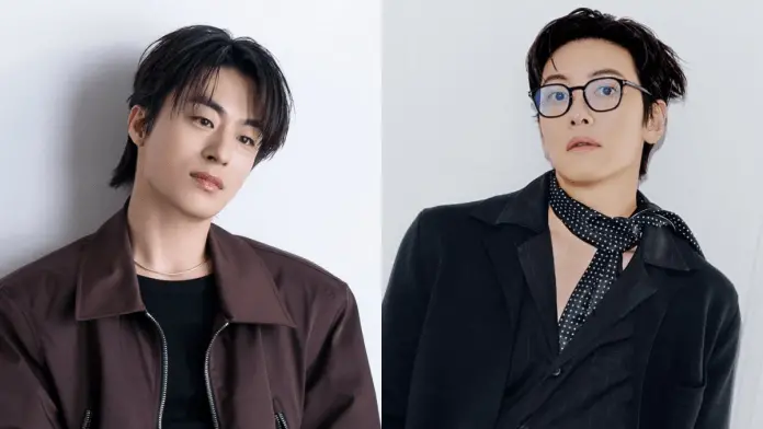 A side-by-side portrait of tKoo Kyo-hwan and  Ji Chang-wook, Koo Kyo-hwan is wearing a brown jacket and  Ji Chang-wook is dressed in a black outfit with glasses and a polka dot scarf, both featuring stylish hairstyles against a light backdrop.