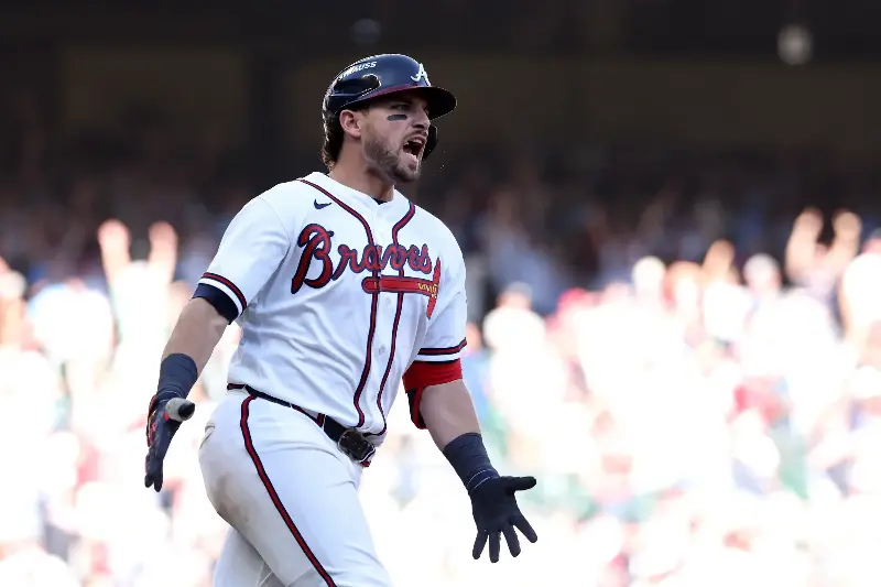 ATLANTA, GEORGIA - SEPTEMBER 29: Austin Riley #27 of the Atlanta Braves reacts after a three-run home run against the Philadelphia Phillies during the eighth inning in game one of the National League Wild Card Series at Truist Park on September 29, 2026 in Atlanta, Georgia. (Photo by Kevin C. Cox/Getty Images)
