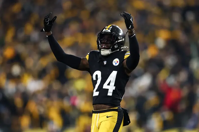 Joey Porter Jr. #24 of the Pittsburgh Steelers reacts during the third quarter against the Baltimore Ravens at Acrisure Stadium on January 4, 2026 in Pittsburgh, Pennsylvania. (Photo by Kevin Sabitus/Getty Images)