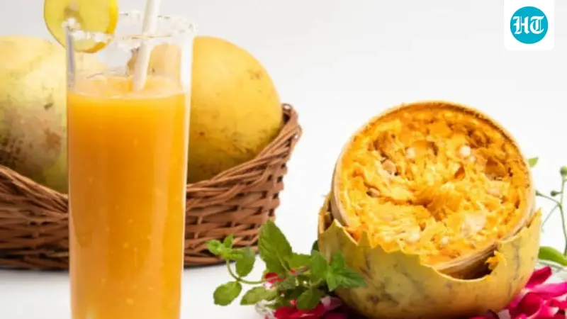 Sanjeev Kapoor's bel sharbat recipe features wood apple pulp mixed with water and spices. 