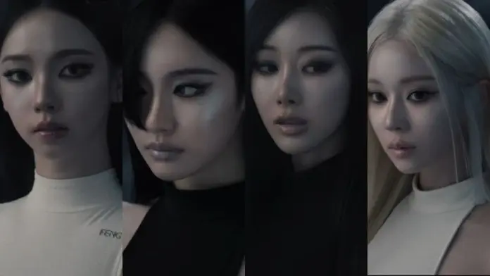 Aespa members with varied hairstyles and makeup, showcasing a dramatic and artistic visual style, each wearing different outfits.
