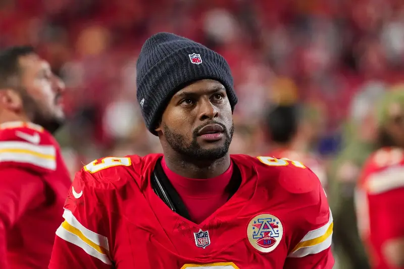 JuJu Smith-Schuster #9 of the Kansas City Chiefs looks on from the field after an NFL football game against the Washington Commanders at Arrowhead Stadium on October 27, 2025 in Kansas City, Missouri. (Photo by Perry Knotts/Getty Images)
