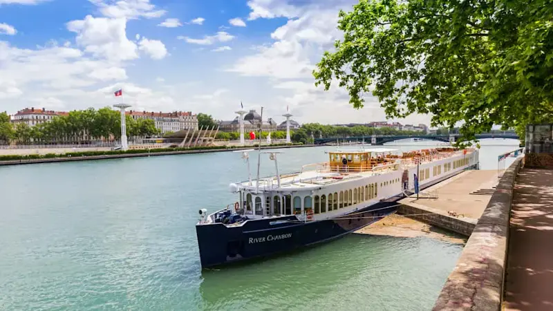 Cruise boat at the quay of the Rhone river in Lyon