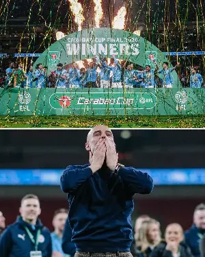 Pep Guardiola celebrates emotionally with his daughter and the Manchester City stars.