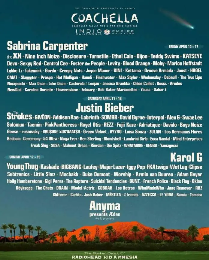 Coachella 2026 festival lineup poster featuring artists like Sabrina Carpenter, Justin Bieber, Young Thug, and Karol G, with dates and location details.