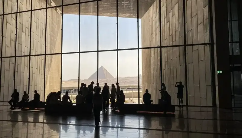 Perfect view of the Giza Pyramids at the top of the Grand Staircase.