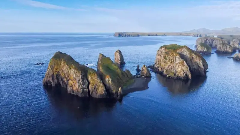 Aerial view of an unnamed bay on the island of Shikotan, Kuril Islands.