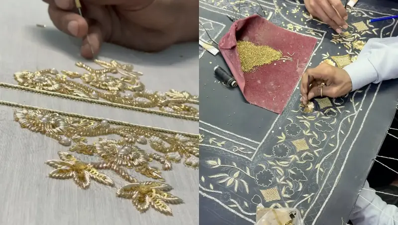 The labour is intense: a minor piece can take anywhere from 7 to 15 days, while a heavy bridal lehenga can easily stretch over two months