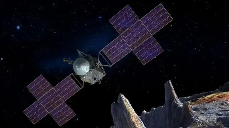 Illustration of the metal-rich asteroid 16 Psyche in space