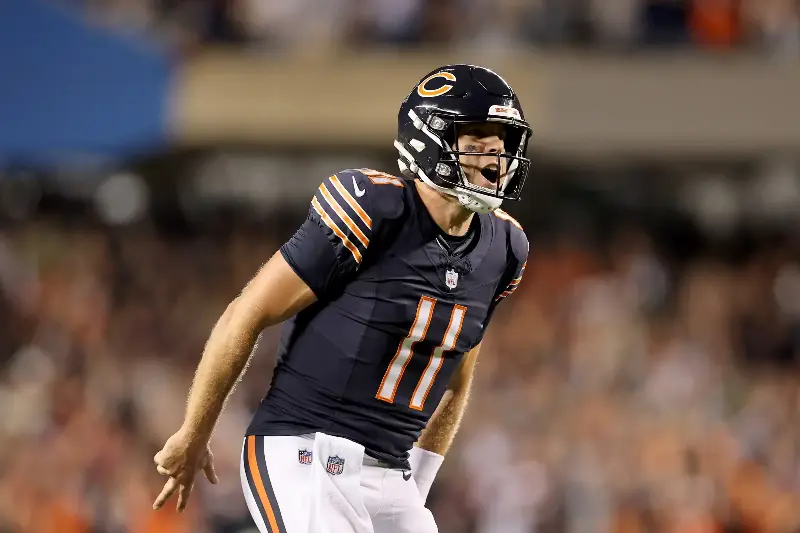 Case Keenum #11 of the Chicago Bears celebrates after a touchdown against the Philadelphia Eagles during the first quarter of the game at Soldier Field on September 28, 2026, in Chicago, Illinois. (Photo by Michael Reaves/Getty Images)
