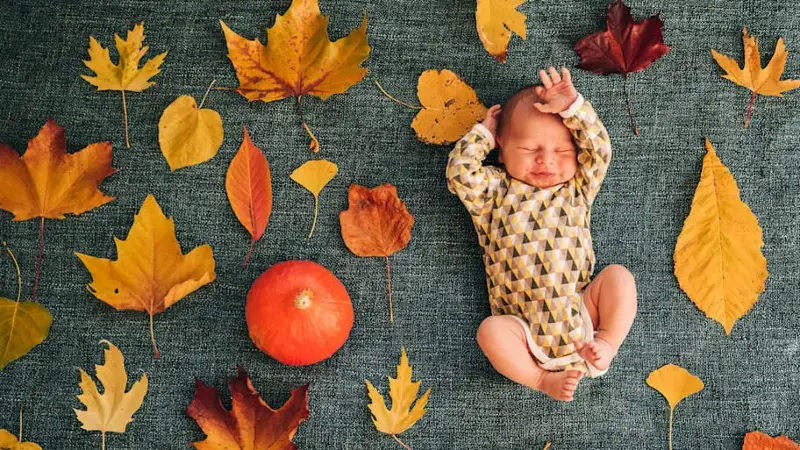 Newborn baby between autumnal leaves