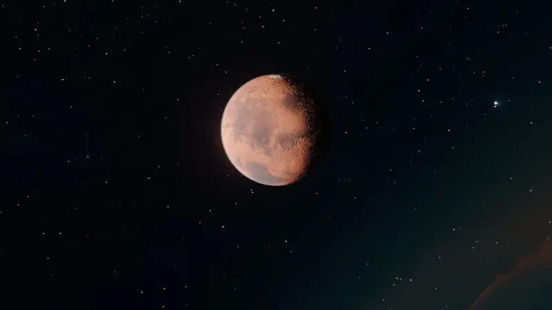 The planet Mars against the dark of space, once shielded by a magnetic field it later lost.
