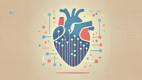 Una ilustración minimalista de un corazón con patrones de circuitos digitales que simbolizan la tecnología de inteligencia artificial. El fondo es simple con colores suaves, destacando el concepto de IA en el cuidado de la salud y la predicción de ataques cardíacos.