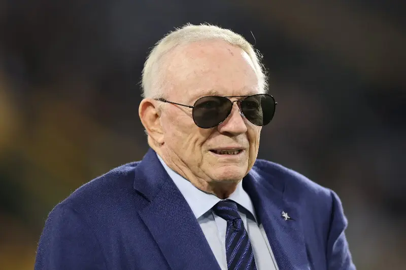 Jerry Jones, owner of the Dallas Cowboys, looks on from the field prior to the game against the Green Bay Packers at Lambeau Field on October 18, 2026 in Green Bay, Wisconsin. (Photo by Michael Reaves/Getty Images)