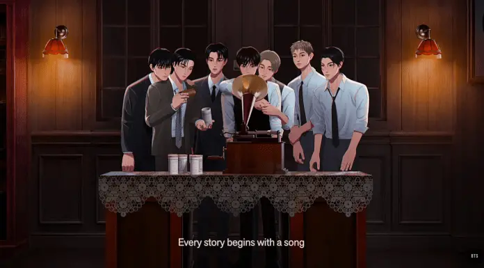 BTS animation, members sitting in front of the phonograph