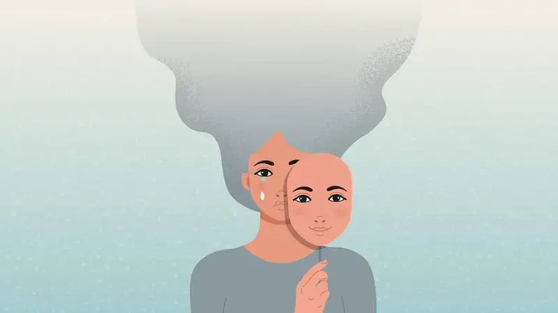 Animated woman looking sad while holding a smiling mask in front of her