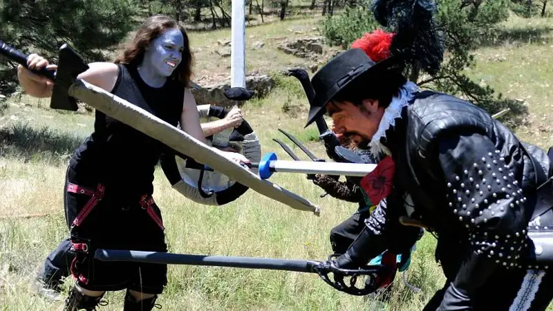 Players fight with fake swords at LARP event in Boulder, Colorado
