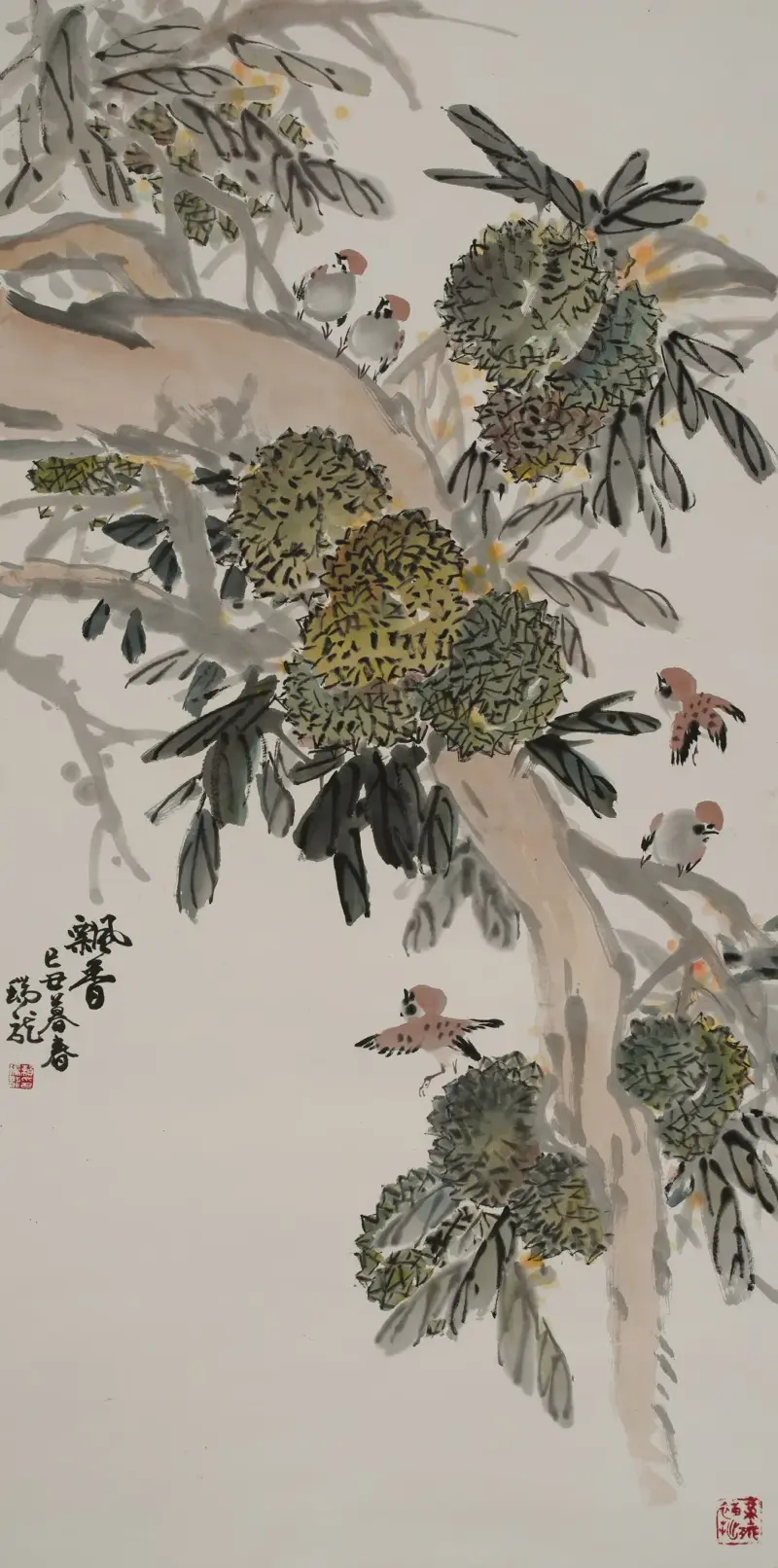 Nai Swee Leng's ink painting Durians and Sparrows, showing sparrows perched among durian branches