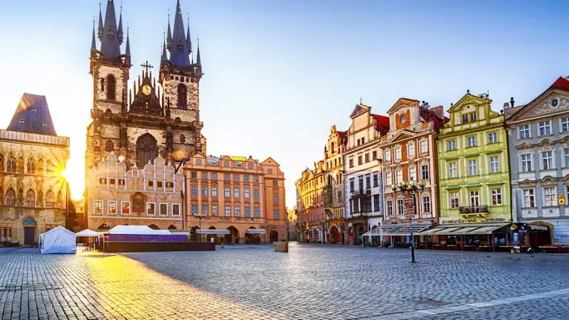 Old Town Square and Church of Our Lady before Týn in Prague at sunrise. Czech Republic